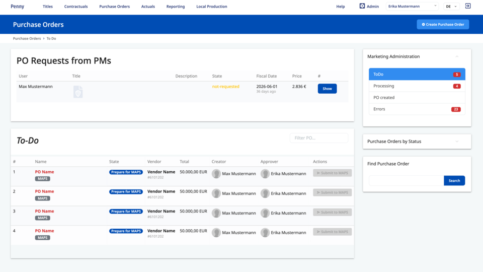 Purchase orders, generated and tracked end-to-end